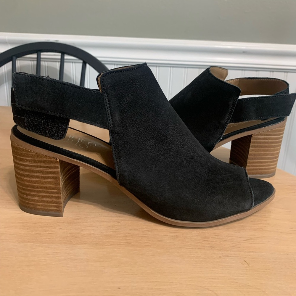 Franco Sarto Black Suede Open-Toe Block Heels